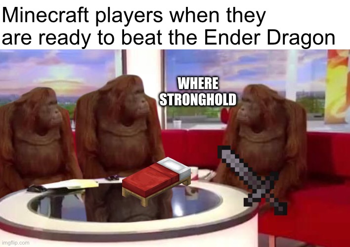 So true tho | Minecraft players when they are ready to beat the Ender Dragon; WHERE STRONGHOLD | image tagged in where monkey,minecraft | made w/ Imgflip meme maker