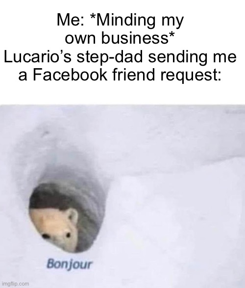 Bonjour | Me: *Minding my own business*
Lucario’s step-dad sending me a Facebook friend request: | image tagged in bonjour | made w/ Imgflip meme maker
