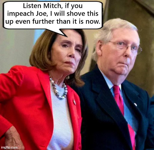 No impeachment | Listen Mitch, if you impeach Joe, I will shove this up even further than it is now. | image tagged in pelosi mcconnell | made w/ Imgflip meme maker