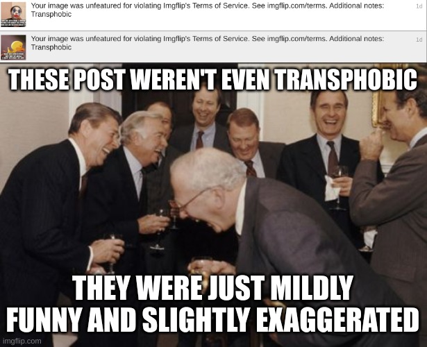 Sitemods please calm down | THESE POST WEREN'T EVEN TRANSPHOBIC; THEY WERE JUST MILDLY FUNNY AND SLIGHTLY EXAGGERATED | image tagged in memes,laughing men in suits | made w/ Imgflip meme maker