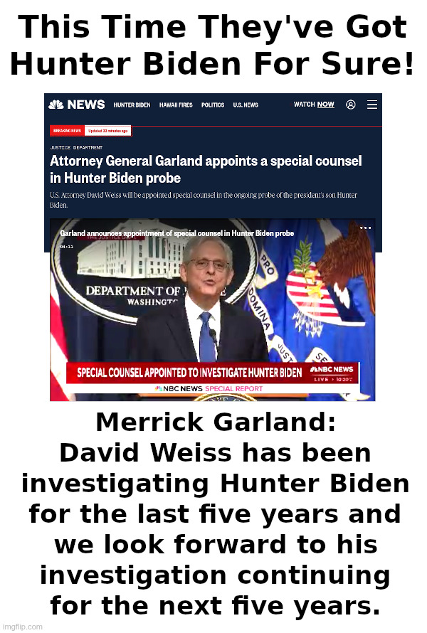 This Time They've Got Hunter Biden For Sure! | image tagged in joe biden,hunter biden,merrick garland,david weiss,doj,corruption | made w/ Imgflip meme maker