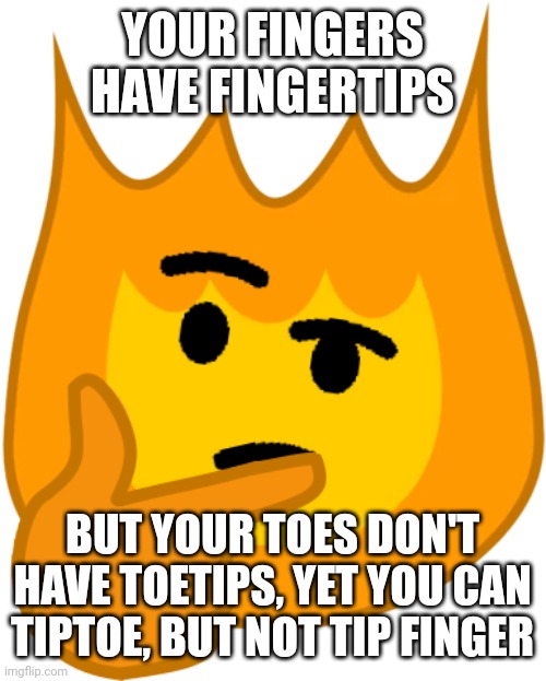 someone has already thought about this | YOUR FINGERS HAVE FINGERTIPS; BUT YOUR TOES DON'T HAVE TOETIPS, YET YOU CAN TIPTOE, BUT NOT TIP FINGER | image tagged in thinking firey | made w/ Imgflip meme maker