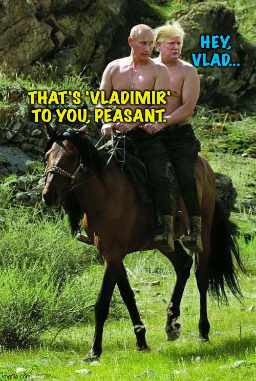Trump Putin | HEY, VLAD... THAT'S 'VLADIMIR' TO YOU, PEASANT. | image tagged in trump putin | made w/ Imgflip meme maker
