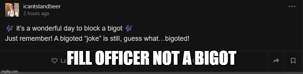 I am a Bigot | FILL OFFICER NOT A BIGOT | image tagged in lgbtq,lgbt,pride,cis,2 genders,transgender | made w/ Imgflip meme maker
