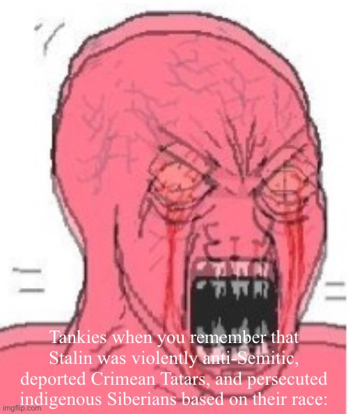 Silly KKKrapitalist, our glorious leader can do no wrong! | Tankies when you remember that Stalin was violently anti-Semitic, deported Crimean Tatars, and persecuted indigenous Siberians based on their race: | made w/ Imgflip meme maker