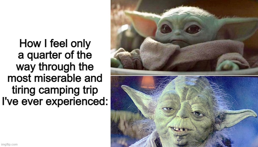 MrBeast's newest video proves this :< | How I feel only a quarter of the way through the most miserable and tiring camping trip I've ever experienced: | image tagged in blank white template,baby yoda vs old yoda | made w/ Imgflip meme maker