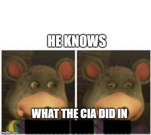 he knows! | HE KNOWS; WHAT THE CIA DID IN; IIIIIIIIII IIIII    IIIIII | image tagged in chuck e cheese rat stare | made w/ Imgflip meme maker
