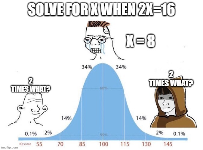 the x isn't curly!!!!!!1!!!!11!!! | SOLVE FOR X WHEN 2X=16; X = 8; 2 TIMES WHAT? 2 TIMES WHAT? | image tagged in bell curve,math,maths,algebra | made w/ Imgflip meme maker