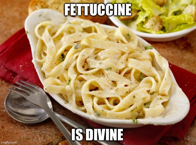 Simply delicious <3 | FETTUCCINE; IS DIVINE | image tagged in fettuccine,pasta,the truth | made w/ Imgflip meme maker