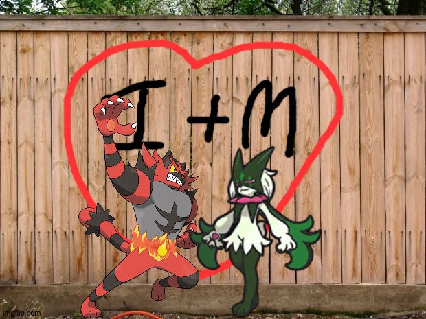 Another Awesome Incineroar x Meowscarada picture | image tagged in fence | made w/ Imgflip meme maker