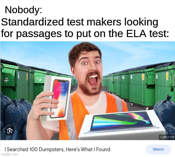 They make us read such trash | Nobody:; Standardized test makers looking for passages to put on the ELA test: | image tagged in school,test,english,mrbeast,relatable | made w/ Imgflip meme maker