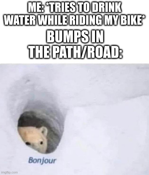 true story 3: | ME: *TRIES TO DRINK WATER WHILE RIDING MY BIKE*; BUMPS IN THE PATH/ROAD: | image tagged in bonjour,bruh,why must you hurt me in this way,internal screaming | made w/ Imgflip meme maker