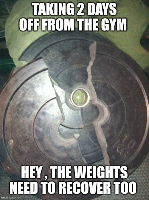 rest day | TAKING 2 DAYS OFF FROM THE GYM; HEY , THE WEIGHTS NEED TO RECOVER TOO | image tagged in workout | made w/ Imgflip meme maker