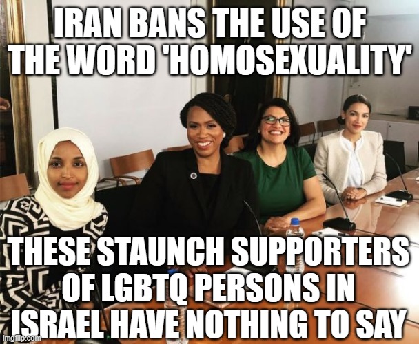 The Squad | IRAN BANS THE USE OF THE WORD 'HOMOSEXUALITY'; THESE STAUNCH SUPPORTERS OF LGBTQ PERSONS IN ISRAEL HAVE NOTHING TO SAY | image tagged in the squad | made w/ Imgflip meme maker