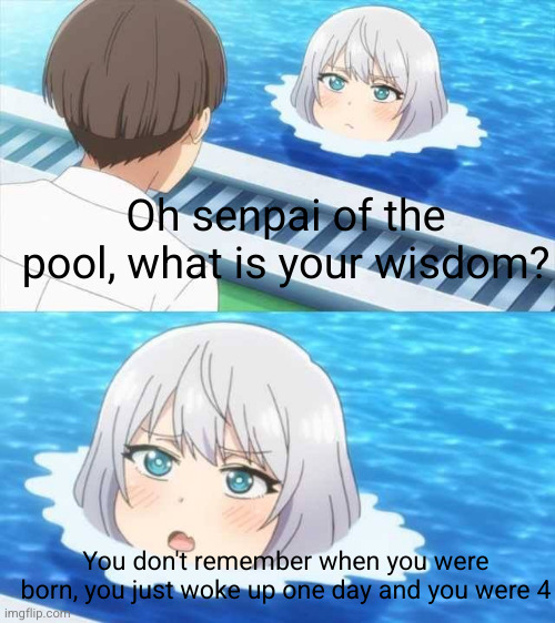 thanks you senpai | Oh senpai of the pool, what is your wisdom? You don't remember when you were born, you just woke up one day and you were 4 | image tagged in senpai of the pool,senpai,anime meme,wait what,born,four | made w/ Imgflip meme maker