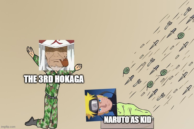 the 3rd hokaga not careing | THE 3RD HOKAGA; NARUTO AS KID | image tagged in soldier not protecting child | made w/ Imgflip meme maker
