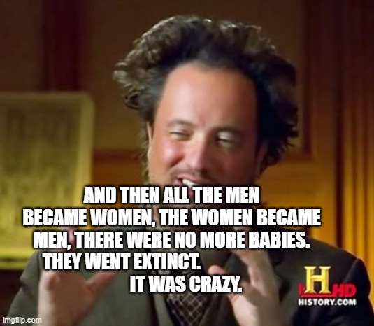 Aliens Guy | AND THEN ALL THE MEN BECAME WOMEN, THE WOMEN BECAME MEN, THERE WERE NO MORE BABIES. THEY WENT EXTINCT.                            
        IT WAS CRAZY. | image tagged in aliens guy | made w/ Imgflip meme maker