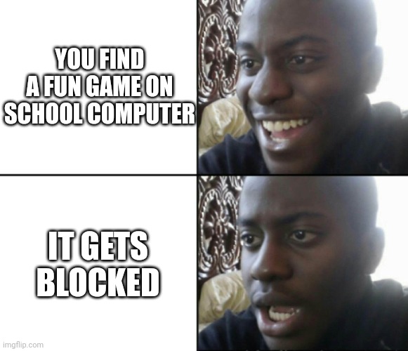 Fr ): | YOU FIND A FUN GAME ON SCHOOL COMPUTER; IT GETS BLOCKED | image tagged in happy / shock | made w/ Imgflip meme maker