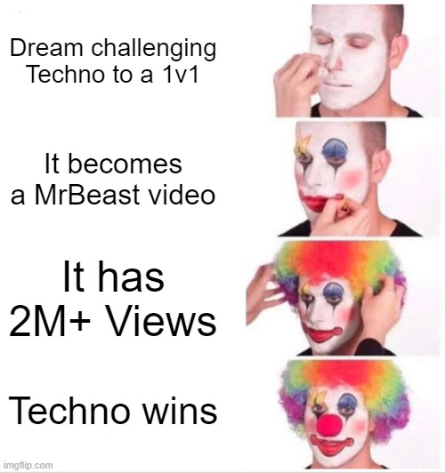 Dream vs Techn $100,000,000 | Dream challenging Techno to a 1v1; It becomes a MrBeast video; It has 2M+ Views; Techno wins | image tagged in memes,clown applying makeup | made w/ Imgflip meme maker