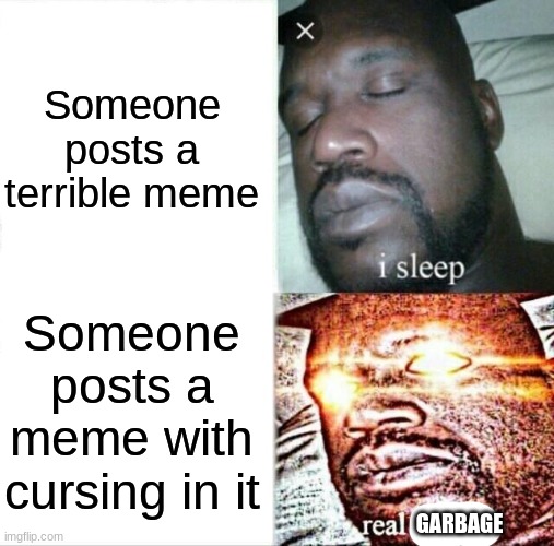 Sleeping Shaq | Someone posts a terrible meme; Someone posts a meme with cursing in it; GARBAGE | image tagged in memes,sleeping shaq | made w/ Imgflip meme maker