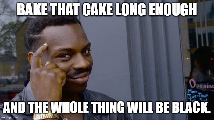 Roll Safe Think About It Meme | BAKE THAT CAKE LONG ENOUGH AND THE WHOLE THING WILL BE BLACK. | image tagged in memes,roll safe think about it | made w/ Imgflip meme maker