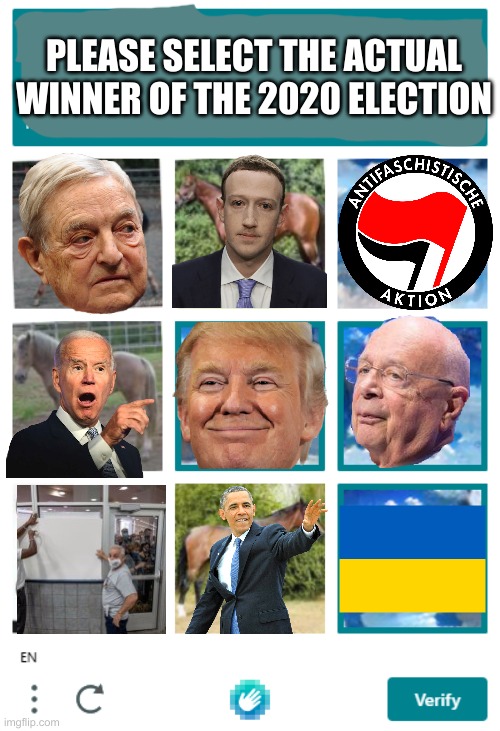 Captcha test | PLEASE SELECT THE ACTUAL WINNER OF THE 2020 ELECTION | image tagged in captcha test | made w/ Imgflip meme maker