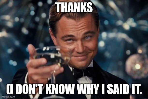 Leonardo Dicaprio Cheers | THANKS; (I DON'T KNOW WHY I SAID IT. | image tagged in memes,leonardo dicaprio cheers | made w/ Imgflip meme maker
