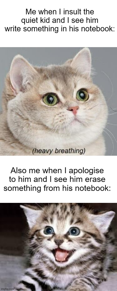 Me when I insult the quiet kid and I see him write something in his notebook:; Also me when I apologise to him and I see him erase something from his notebook: | image tagged in blank text bar,memes,heavy breathing cat,happy cat,funny,fun | made w/ Imgflip meme maker