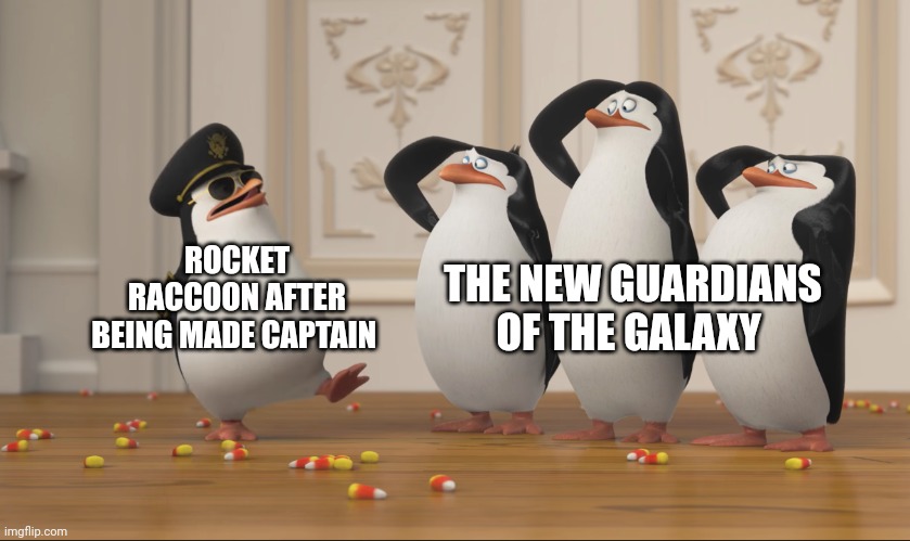 Rocket's captain now | THE NEW GUARDIANS OF THE GALAXY; ROCKET RACCOON AFTER BEING MADE CAPTAIN | image tagged in saluting skipper,guardians of the galaxy,rocket raccoon,marvel | made w/ Imgflip meme maker