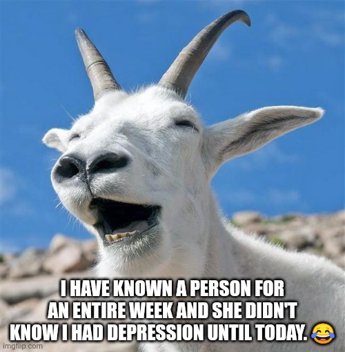 Laughing Goat | I HAVE KNOWN A PERSON FOR AN ENTIRE WEEK AND SHE DIDN'T KNOW I HAD DEPRESSION UNTIL TODAY. 😂 | image tagged in memes,laughing goat | made w/ Imgflip meme maker