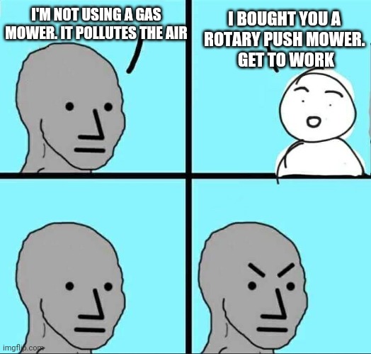 Green but no work | I'M NOT USING A GAS MOWER. IT POLLUTES THE AIR; I BOUGHT YOU A 
ROTARY PUSH MOWER. 
GET TO WORK | image tagged in npc meme,leftists,liberals,millennials,democrats | made w/ Imgflip meme maker