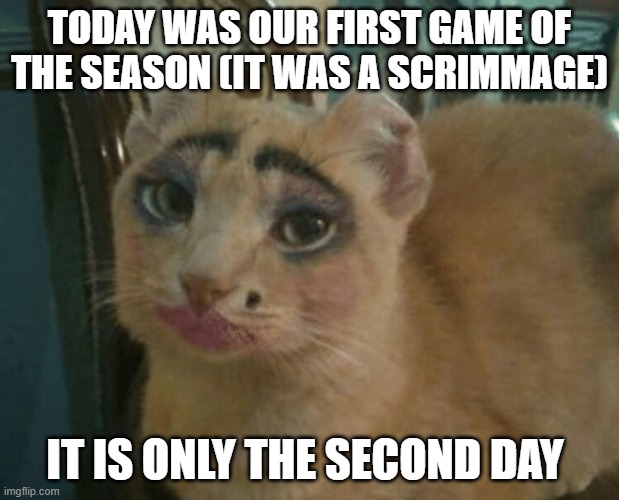 to specify, i am talking about marching/football season | TODAY WAS OUR FIRST GAME OF THE SEASON (IT WAS A SCRIMMAGE); IT IS ONLY THE SECOND DAY | image tagged in rizz cat,marching band,cool kids,football | made w/ Imgflip meme maker
