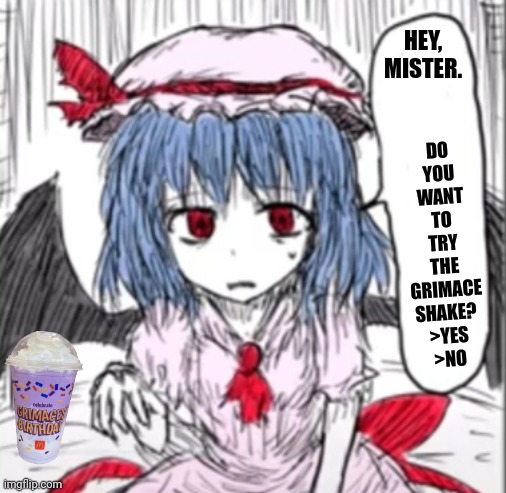 DO YOU WANT TO TRY THE GRIMACE SHAKE? 
>YES
>NO; HEY, MISTER. | image tagged in memes,touhou,poll | made w/ Imgflip meme maker