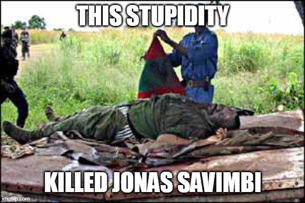 Glory to the MPLA | THIS STUPIDITY; KILLED JONAS SAVIMBI | image tagged in glory to the mpla | made w/ Imgflip meme maker