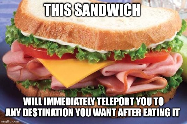 Teleportation sandwich | THIS SANDWICH WILL IMMEDIATELY TELEPORT YOU TO ANY DESTINATION YOU WANT AFTER EATING IT | image tagged in sandwich | made w/ Imgflip meme maker