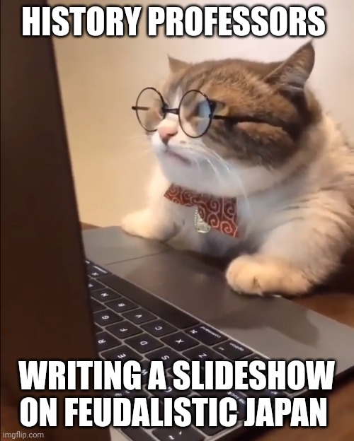 Medieval Japan is very fascinating | HISTORY PROFESSORS; WRITING A SLIDESHOW ON FEUDALISTIC JAPAN | image tagged in research cat | made w/ Imgflip meme maker