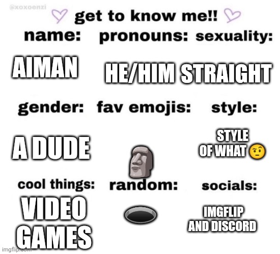 Why don't people put there actual name like bruh I'm the only brave one | HE/HIM; STRAIGHT; AIMAN; STYLE OF WHAT 🤨; A DUDE; 🗿; 🕳️; IMGFLIP AND DISCORD; VIDEO GAMES | image tagged in get to know me | made w/ Imgflip meme maker