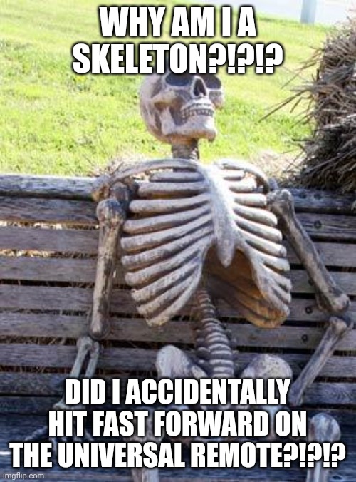 When you accidentally hit fast forward on the universal remote | WHY AM I A SKELETON?!?!? DID I ACCIDENTALLY HIT FAST FORWARD ON THE UNIVERSAL REMOTE?!?!? | image tagged in memes,waiting skeleton | made w/ Imgflip meme maker