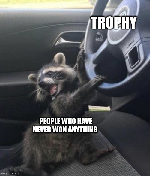 But I've never won anything before!!! | TROPHY; PEOPLE WHO HAVE NEVER WON ANYTHING | image tagged in raccoon driving car | made w/ Imgflip meme maker