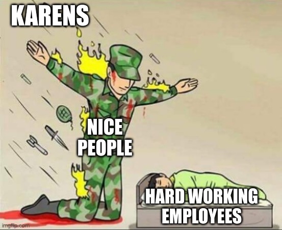you agree too, don't lie | KARENS; NICE PEOPLE; HARD WORKING EMPLOYEES | image tagged in soldier protecting sleeping child,karens,retail,wholesome | made w/ Imgflip meme maker