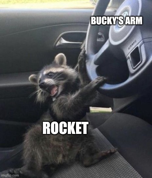 Rocket really wants Bucky's arm, lololol | BUCKY'S ARM; ROCKET | image tagged in raccoon driving car,rocket raccoon,marvel,memes,guardians of the galaxy | made w/ Imgflip meme maker