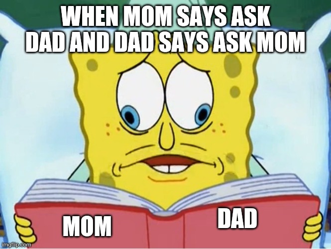 Spongebob book | WHEN MOM SAYS ASK DAD AND DAD SAYS ASK MOM; MOM; DAD | image tagged in spongebob book | made w/ Imgflip meme maker