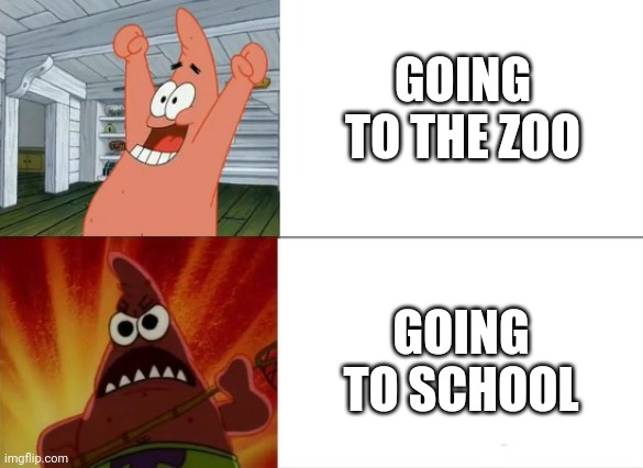 The Zoo or School? | GOING TO THE ZOO; GOING TO SCHOOL | image tagged in patrick star happy and angry | made w/ Imgflip meme maker