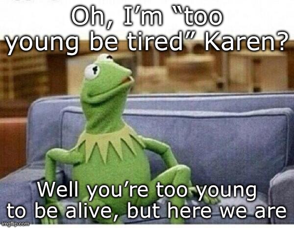 Too young, too old | Oh, I’m “too young be tired” Karen? Well you’re too young to be alive, but here we are | image tagged in kermit,young,old | made w/ Imgflip meme maker