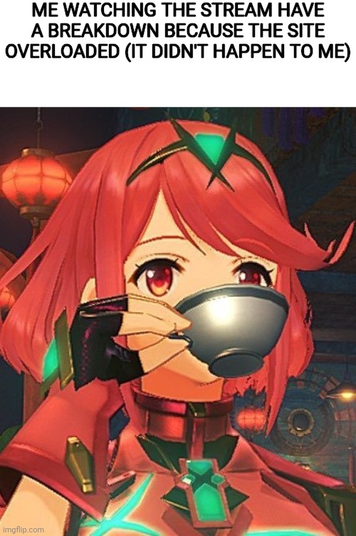 Pyra Tea | ME WATCHING THE STREAM HAVE A BREAKDOWN BECAUSE THE SITE OVERLOADED (IT DIDN'T HAPPEN TO ME) | image tagged in pyra tea | made w/ Imgflip meme maker