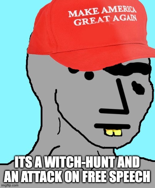 MAGA NPC | ITS A WITCH-HUNT AND AN ATTACK ON FREE SPEECH | image tagged in maga npc | made w/ Imgflip meme maker