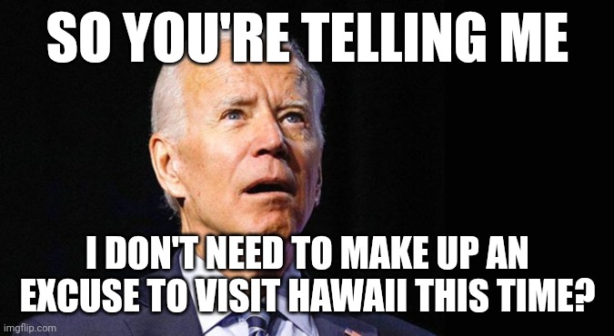 Confused joe biden | SO YOU'RE TELLING ME; I DON'T NEED TO MAKE UP AN EXCUSE TO VISIT HAWAII THIS TIME? | image tagged in memes,confused joe biden,joe biden,hawaii | made w/ Imgflip meme maker