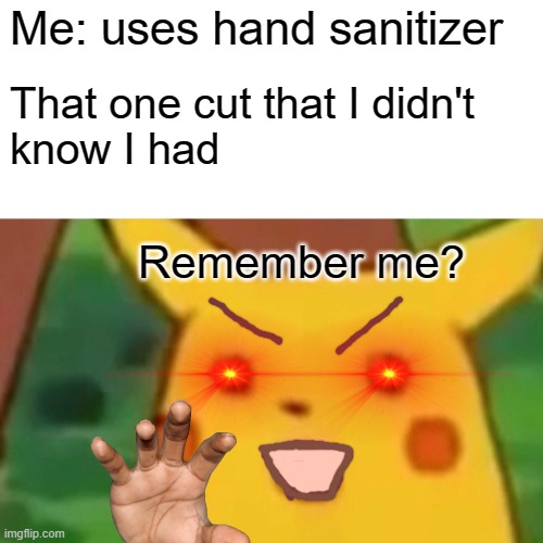 Relatable | Me: uses hand sanitizer; That one cut that I didn't
know I had; Remember me? | image tagged in memes,surprised pikachu | made w/ Imgflip meme maker
