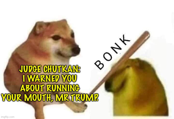 Here comes the judge | JUDGE CHUTKAN: I WARNED YOU ABOUT RUNNING YOUR MOUTH, MR TRUMP. | image tagged in doge bonk | made w/ Imgflip meme maker