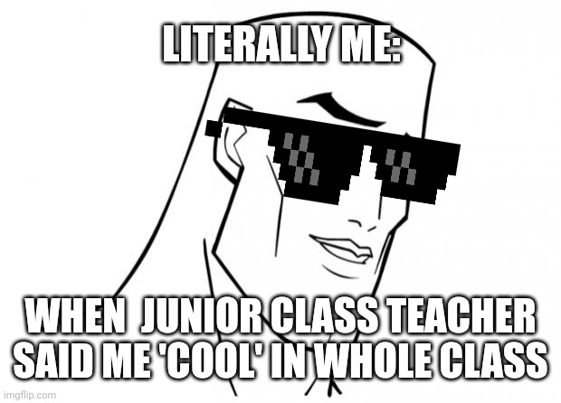 Handsome face | LITERALLY ME:; WHEN  JUNIOR CLASS TEACHER SAID ME 'COOL' IN WHOLE CLASS | image tagged in handsome face | made w/ Imgflip meme maker